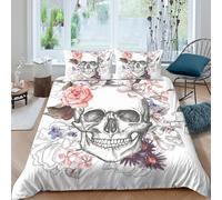 3D Printed Skull Floral Duvet Cover, Microfiber Bedding Cover Hidden Zipper