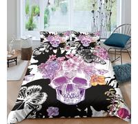3D Printed Skull Floral Duvet Cover, Microfiber Bedding Cover Hidden Zipper