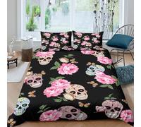 3D Printed Skull Floral Duvet Cover, Microfiber Bedding Cover Hidden Zipper