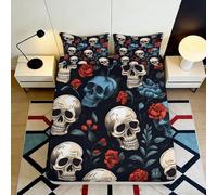 3D Printed Skull Floral Fitted Sheet, Microfiber Bed Cover, Non-slip, Home