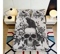 3D Printed Skull Floral Fitted Sheet, Microfiber Bed Cover, Non-slip Home