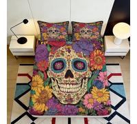 3D Printed Skull Floral Fitted Sheet Microfiber Deep Pocket for Bedroom Bedding Skull Flowers Mattress Fitted Cover Non-Slip Washable 90x200x25cm