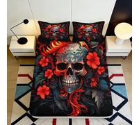 3D Printed Skull Floral Fitted Sheet Microfiber Non-Slip Deep Pocket Skull Mattress Fitted Cover Breathable Bedroom Decor 90x200x25cm
