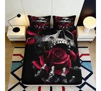 3D Printed Skull Rose Fitted Sheet Microfiber Black Red Bed Cover Slip Resistant Washable Bedroom Decor 90x200x25cm