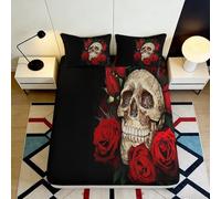 3D Printed Skull Rose Fitted Sheet Microfiber Black Red Mattress Cover Anti-Slip Bedroom Decor for Home Guest Room 90x200x25cm