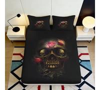 3D Printed Skull Rose Fitted Sheet Microfiber Deep Pocket Elastic Hem Gothic Skull Mattress Fitted Cover Washable Bedroom Bedding 180x200x25cm