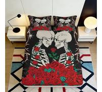 3D Printed Skull Rose Fitted Sheet Microfiber Deep Pocket Gothic Mattress Fitted Cover Non-Slip Bedroom Bedding Wrap 120x200x25cm