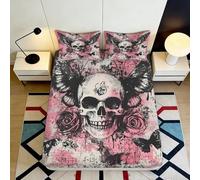 3D Printed Skull Rose Fitted Sheet Microfiber Gothic Cat Mattress Cover Black Pink Bedroom Decor Easy Care 90x200x25cm