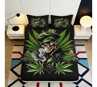 3D Printed Skull Smoking Fitted Sheet Microfiber Green Cannabis Leaf Bed Cover for Bedroom Decor Dorm Mattress Protection 90x200x25cm