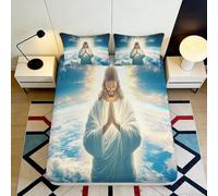 3D Printed Sky Clouds Fitted Sheet Microfiber Deep Pocket Bedding Praying Mattress Fitted Cover Non-Slip Full Wrap Washable for Adults Bedroom 90x200x25cm