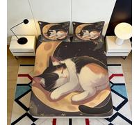 3D Printed Sleeping Cat Fitted Sheet Microfiber Anti-Slip Crescent Moon Bed Cover for Bedroom Guest Room Decor 90x200x25cm