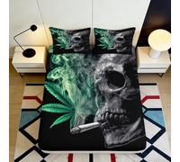 3D Printed Smoking Skull Fitted Sheet Microfiber Black Green Leaf Mattress Cover for Bedroom Dorm Decor Protection 90x200x25cm