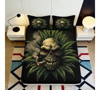 3D Printed Smoking Skull Fitted Sheet Microfiber Dark Green Leaf Bed Cover Anti-Slip Machine Washable Bedroom Decor 90x200x25cm