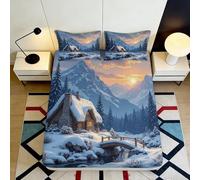 3D Printed Snowy Cabin Fitted Sheet Microfiber Deep Pocket Bedroom Bedding Set Winter Landscape Mattress Fitted Cover Washable Elastic Hem 180x200x25cm