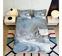 3D Printed Snowy Landscape Fitted Sheet Microfiber Deep Pocket Non-Slip Winter Cabin Mattress Fitted Cover Soft Bedding Gift 160x200x25cm