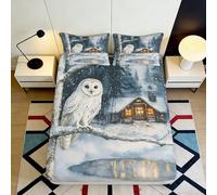 3D Printed Snowy Owl Fitted Sheet Microfiber Deep Pocket Non-Slip Winter Bedroom Mattress Fitted Cover Washable 160x200x25cm