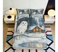 3D Printed Snowy Owl Fitted Sheet Microfiber Deep Pocket Non-Slip Winter Owl Mattress Fitted Cover for All Bedroom Bedding 180x200x25cm