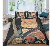 3D Printed Soft Microfibre samurai cat tattoo Duvet Cover Sets All Season Bedding Set with Pillowcases Japanese Art Bedding Quilt Cover Easy Care Machine Washable for Home Decor Single（140x200cm）