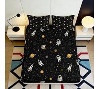 3D Printed Space Astronaut Fitted Sheet Microfiber Soft Black Rocket Planet Bed Cover for Bedroom Dorm Mattress Protection Decor 200x200x25cm