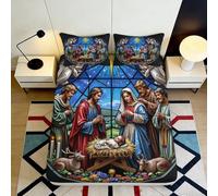 3D Printed Stained Glass Christmas Fitted Sheet Microfiber Deep Pocket Non-Slip Nativity Mattress Fitted Cover Bedroom Bedding 140x200x25cm