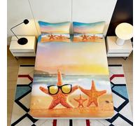 3D Printed Starfish Beach Fitted Sheet Microfiber Soft Orange Yellow Sunset Mattress Cover for Bedroom Guest Room Decor 90x200x25cm