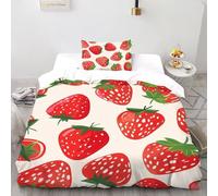 3D Printed Strawberry Pattern Duvet Cover Plant Fruit Bedding Set 2 Pieces Soft Microfiber with Pillowcases,Hidden Zipper for Junior Collection Single(135x200cm) Room Decor