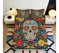 3D Printed Sugar Skull Fitted Sheet Microfiber Deep Pocket Non-Slip Sugar Skull Mattress Fitted Cover Adult Bedroom 90x200x25cm