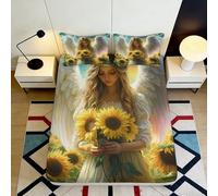 3D Printed Sunflower Angel Fitted Sheet Microfiber Deep Pocket Non-Slip Sunflower Angel Mattress Fitted Cover Washable for Bedroom 160x200x25cm