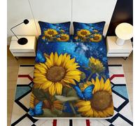 3D Printed sunflower fitted sheet with blue butterfly design, microfiber soft touch, wrinkle resistant, easy care for home bedroom or guest room bedding 90x200x25cm