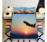 3D Printed Sunset Airplane Fitted Sheet, Microfiber Bed Cover, Non-slip