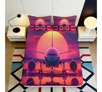 3D Printed Sunset Airplane Fitted Sheet, Microfiber, Bed Cover, Non-slip