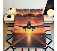 3D Printed Sunset Airplane Fitted Sheet Microfiber, Bed Cover, Non-slip