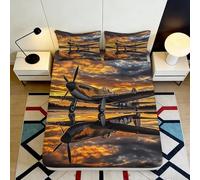 3D Printed Sunset Airplane Fitted Sheet, Microfiber Bed Cover, Non-slip