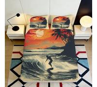 3D Printed Sunset Beach Fitted Sheet Microfiber Deep Pocket Non-Slip Bedroom Set Tropical Mattress Fitted Cover Washable 140x200x25cm