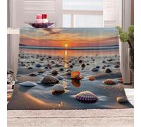 3D Printed Sunset Beach, Shells Scattered - A Flannel Fleece Blanket （270GSM） Natural Scenery Super Cozy 150x200 cm Double Size Fade Resistant Home Decor Gift - Machine Washable