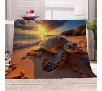 3D Printed Sunset Beach, Turtles Returning To Their Nests Flannel Fleece Blanket (270GSM) Animal Super Cozy 150x200 cm Double Size Fade Resistant Home Decor Gift - Machine Washable
