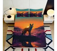 3D Printed Sunset Fox Fitted Sheet Microfiber Deep Pocket Non-Slip Fox Mattress Fitted Cover Bedroom Bedding Set Washable for All Ages 140x200x25cm