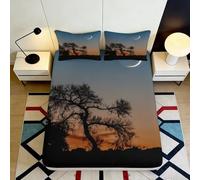 3D Printed Sunset Tree Fitted Sheet Microfiber Deep Pocket Bedding Set Moonlight Tree Mattress Fitted Cover Non-Slip Washable Bedroom 160x200x25cm