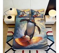 3D Printed Surfing Penguin Fitted Sheet Microfiber Deep Pocket Non-Slip for Adults Bedroom Bedding Surf Penguin Mattress Fitted Cover 160x200x25cm