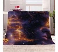 3D Printed Surrounded By Golden Stars Flannel Fleece Blanket （270GSM） Mysterious Universe Super Cozy 220x240 cm Queen Size Fade Resistant Home Decor Gift - Machine Washable