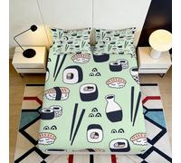 3D Printed Sushi Pattern Fitted Sheet Microfiber Soft Green Japanese Food Bed Cover for Bedroom Dorm Mattress Decor 90x200x25cm