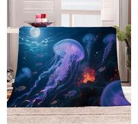 3D Printed Swarm Of Jellyfish In The Moonlight Flannel Fleece Blanket （270GSM） Marine Animals Super Cozy 220x240 cm Queen Size Fade Resistant Home Decor Gift - Machine Washable