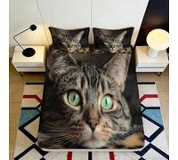 3D Printed Tabby Cat Fitted Sheet Microfiber Soft Breathable Green Eyes Mattress Cover for Bedroom Dorm Decor 90x200x25cm