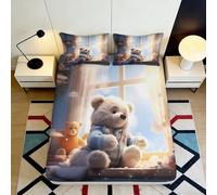 3D Printed Teddy Bear Fitted Sheet Microfiber Soft Anti-Slip Cartoon Window Mattress Cover Easy Care Bedroom Decor 90x200x25cm