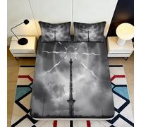 3D Printed Thunderstorm Tower Fitted Sheet Microfiber Black White Lightning Mattress Cover for Bedroom Dorm Decor 90x200x25cm