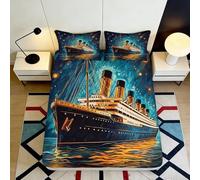 3D Printed Titanic Night Ocean Fitted Sheet Microfiber Blue Ship Mattress Cover for Bedroom Guest Room Decor 90x200x25cm