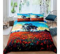 3D Printed Tree Shapes Small Double Bedding Sets Soft Microfibre Red Flowers 3 Piece Duvet Cover Set Quilt Cover 155x220 cm with Zipper Closure and 2 Pillowcases F.1180