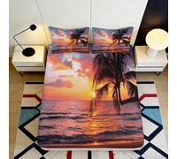3D Printed Tropical Beach Fitted Sheet Microfiber Deep Pocket Non-Slip Bedroom Bedding Sunset Mattress Fitted Cover Washable 120x200x25cm