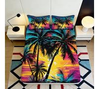 3D Printed Tropical Palm Tree Fitted Sheet Microfiber Deep Pocket All-Round Bedroom Sunset Beach Mattress Fitted Cover Washable Non-Slip 90x200x25cm
