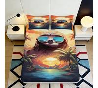 3D Printed Tropical Sunset Sloth Fitted Sheet Microfiber Deep Pocket Bedroom Bedding Tropical Mattress Fitted Cover Non-Slip Full Wrap Washable 140x200x25cm